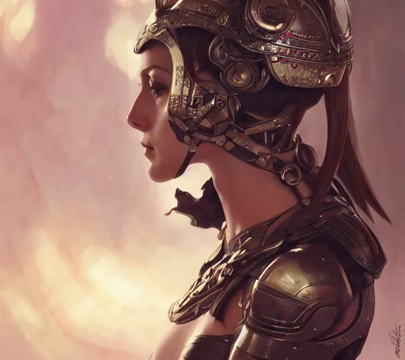 Image similar to photography girl warrior armour, chrome, deep focus, intricate, elegant, highly detailed, digital painting, artstation, concept art, matte, sharp focus, illustration, art by artgerm and greg rutkowski and alphonse mucha and gil elvgren