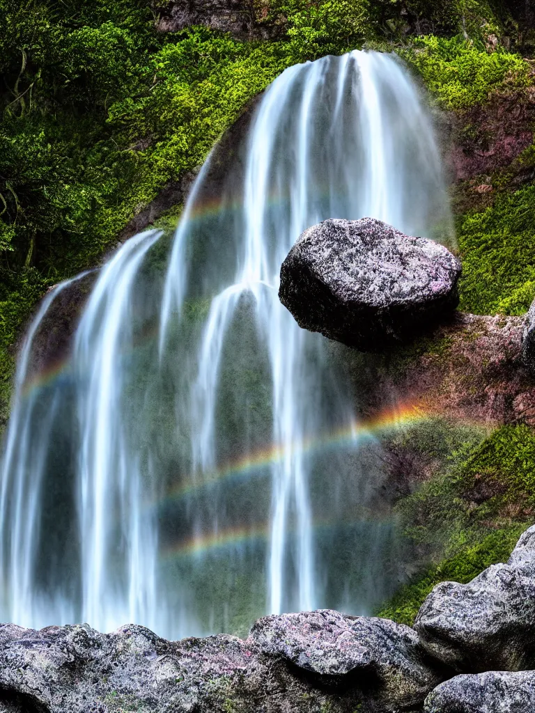 Image similar to digital illustration of waterfall cascading onto rocks, small rainbow emerging in background, ethereal, beautiful scenery, intricately meticulously detailed, amazing, glitter, 8 k render octane high definition