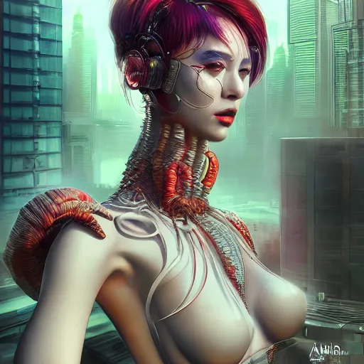 Image similar to the portrait of an absurdly beautiful, graceful, elegant, sophisticated, fashionable cyberpunk gravure idol, an ultrafine hyperdetailed illustration by kim jung gi, irakli nadar, intricate linework, bright colors, porcelain skin, unreal uni engine 5 highly rendered, cgsociety, global illumination, radiant light, detailed and intricate environment