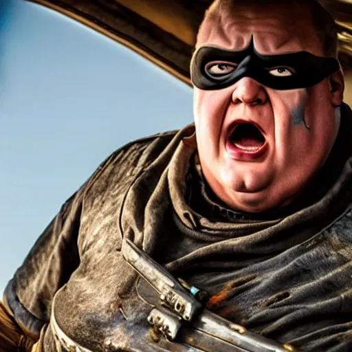 Image similar to peter griffin as immortan joe in mad max fury road, 4k, high detail, high-resolution photograph, professional photography, ultra-detail