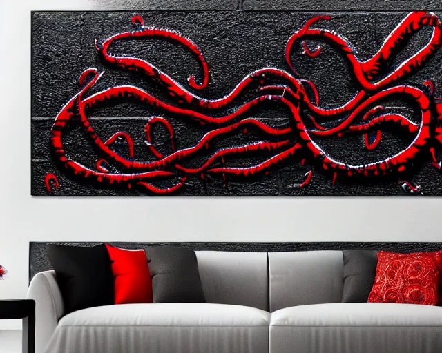 Image similar to 16k photorealistic image of a wall that has some lovecraftian graffiti on it inspired by wretched dragon rib cage. lovecraftian graffiti in red and black colors. the art is cursed and ecrusted with jewels. the grafiiti is inspired by cobwebs and venom.