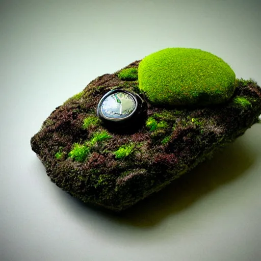 Prompt: stones covered in moss by retrowave, steampunk, biopunk, solarpunk