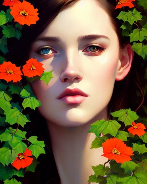 Image similar to stylized portrait of an artistic pose, composition, young lady sorrounded by nature, ivy's, flowers, realistic shaded, fine details, realistic shaded lighting poster by ilya kuvshinov, magali villeneuve, artgerm, jeremy lipkin and michael garmash and rob rey