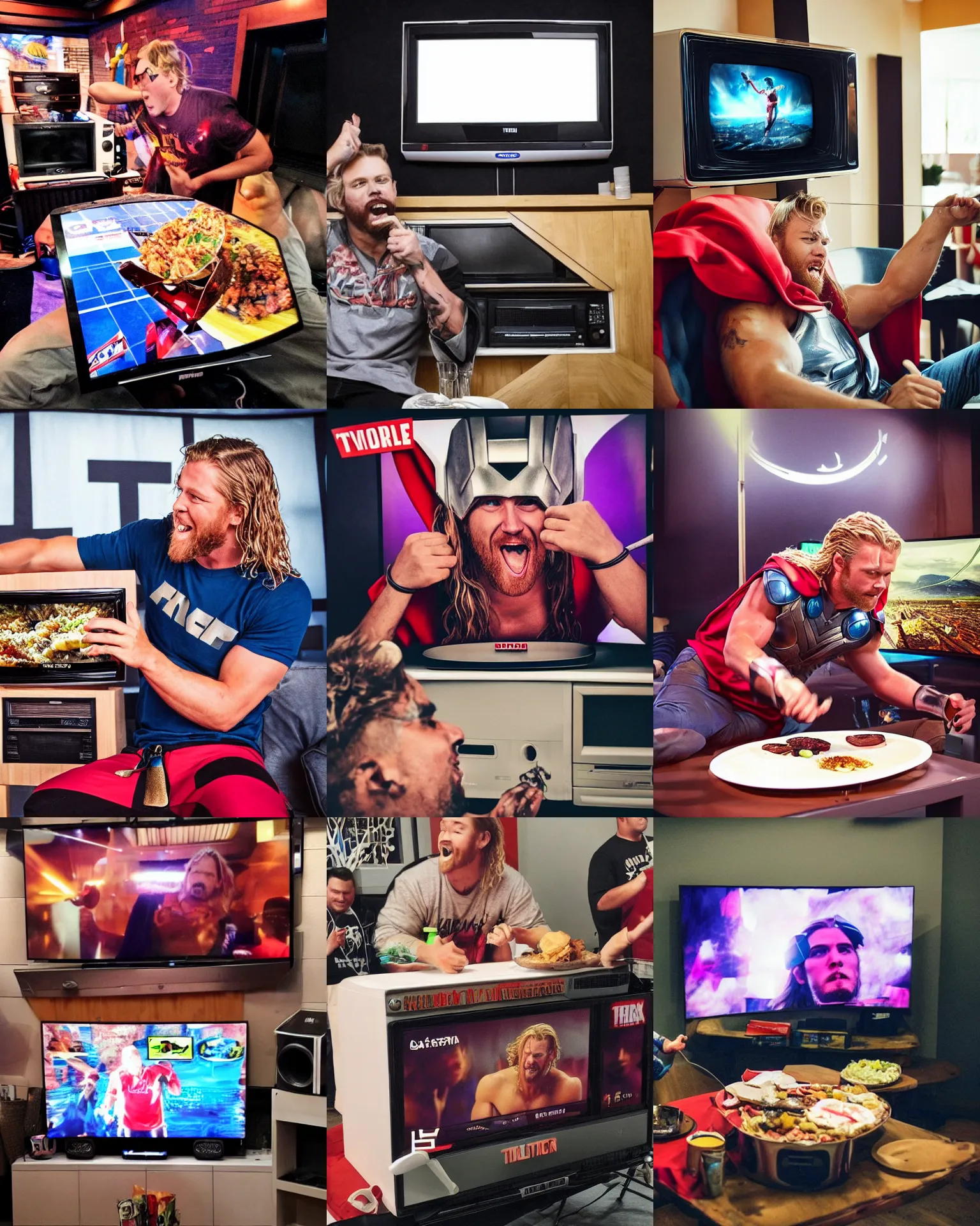 Prompt: thor eating a television in a tv eating contest, photography instagram