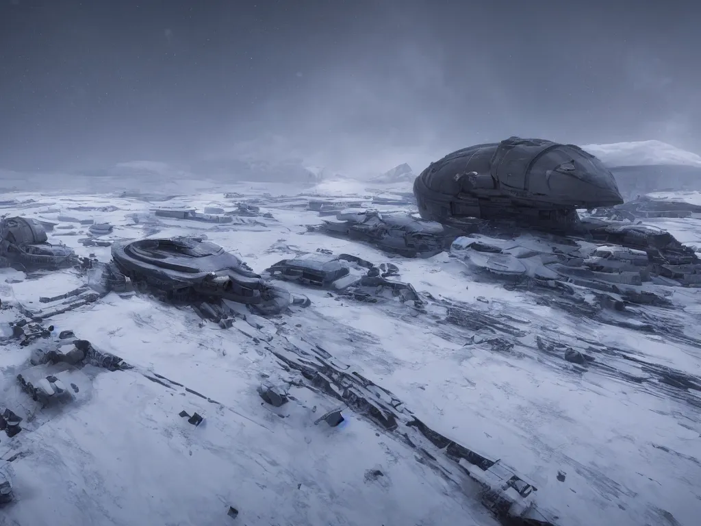 Image similar to Gigantic spaceship wreck covered in snow in the middle of arctic, surrounded by people. Megalophobia. Dramatic, Cinematic, ArtStation, realistic photograph, ambient, dark shades of colors, Unreal Engine 5, rendered by Octane.