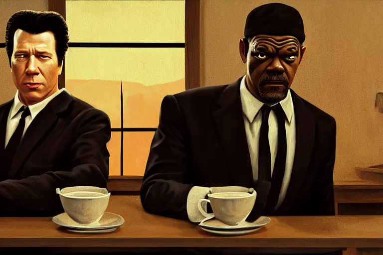 Prompt: by david lynch, painting pulp fiction movie highly detailed full - body samuel l jackson and john travolta posing in cafe, perfect symmetrical eyes, by eddie mendoza and tyler edlin, 8 k resolution, digital art, hyper realistic