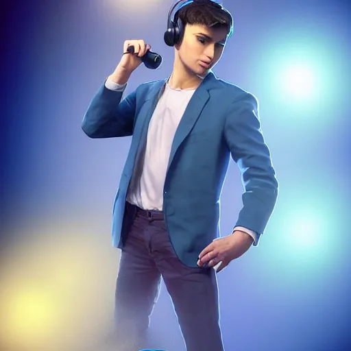 Image similar to a handsome young man with sandy brown hair and blue eyes singing into a neon blue microphone headset posing on stage. dynamic!! pose. gesture drawing. concert. cinematic lighting. wide shot photorealistic. hyper realism. ray tracing hdr. intricate detailed masterpiece. by bouguereau and shigenori soejima. lifelike.