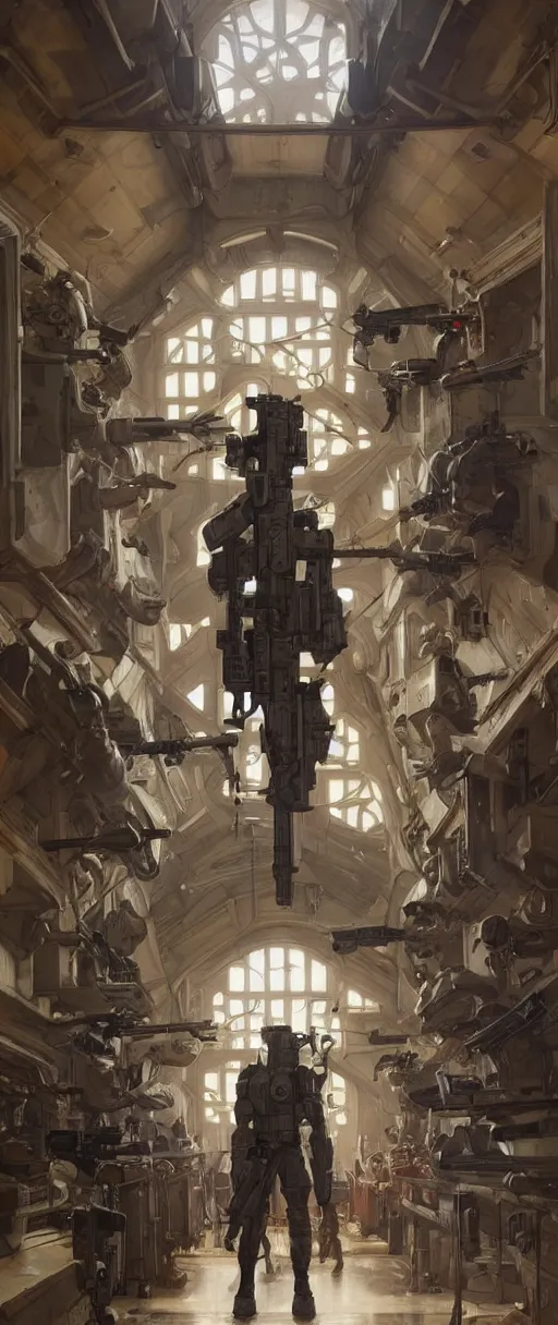 Prompt: beautiful cottagecore armory room, weapon racks on the wall, military hardware, intricate, futuristic, highly detailed, digital painting, artstation, concept art, smooth, sharp, focus, illustration, art by artgerm and greg rutkowski and alphonse mucha