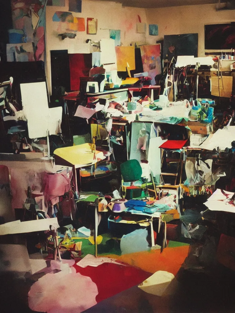 Prompt: dramatic scene shallow depth of field medium shot uncanny surreal photograph of a colorful intimate art studio in 1 9 9 5 titled'too loud to see reveals ', photographed by william eggleston and ken price and man ray, grainy shocking detail trending on artstation 8 k