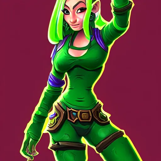 Prompt: Hearthstone art style : a character design sheet of a girl with a green thight bodysuit from a sci-fi action game. Important: insanely large hips, insanely tiny waist