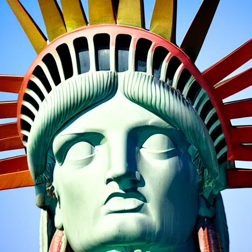 Prompt: professional cityscape photo of the statue of liberty as a native indian with head dress, coper cladding