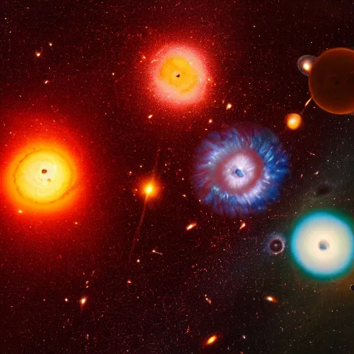 Image similar to hubble image of army of planets in galactic maelstrom, fire, vray, 5 5 mm