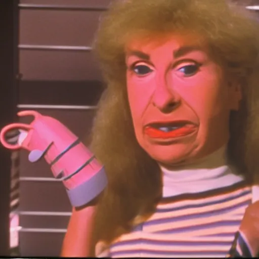 Prompt: 1983 crying woman on a talk show show with a long prosthetic snout nose, big nostrils, wearing a dress, 1983 French film color archival footage color film 16mm Fellini Almodovar John Waters Russ Meyer movie still