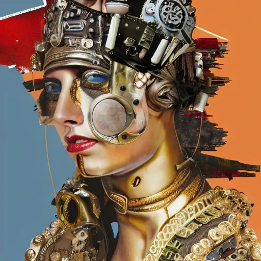 Prompt: steam punk roman emperor, contemporary collage, highly detailed, digital painting, 4 k, hdr, punk, fashion, smooth, sharp focus, art by nick knight, sandra chevrier and john hoyland