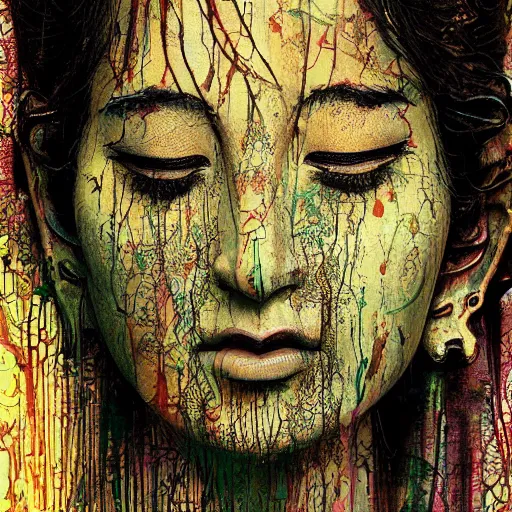 Prompt: contented female bodhisattva, praying meditating, realism, elegant, intricate, close up, portrait photograph by Carne Griffiths and David Cronenberg