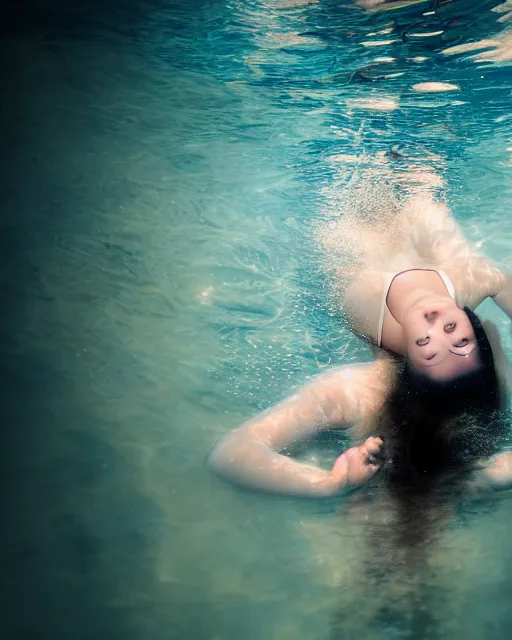 Image similar to a portrait photo of a beautiful young woman floating underwater with reflections, serene and beautiful, dark background, single top lighting