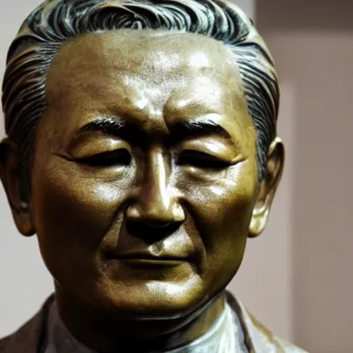 Prompt: close up shot of an old bronze patina statue of takeshi kitano in a museum