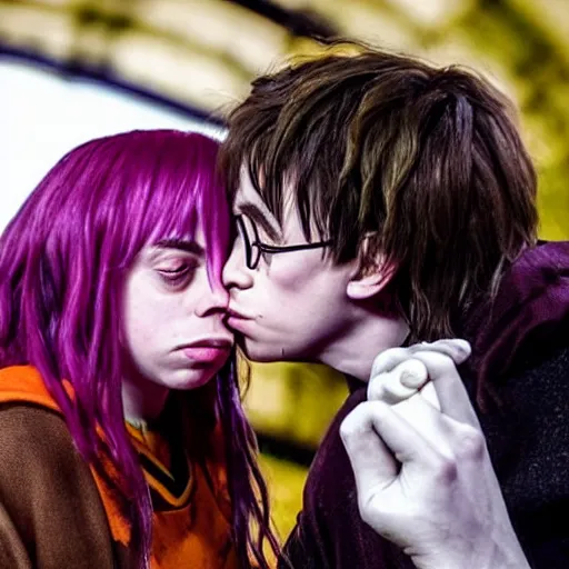 Prompt: billie eilish kissing young harry potter 4k