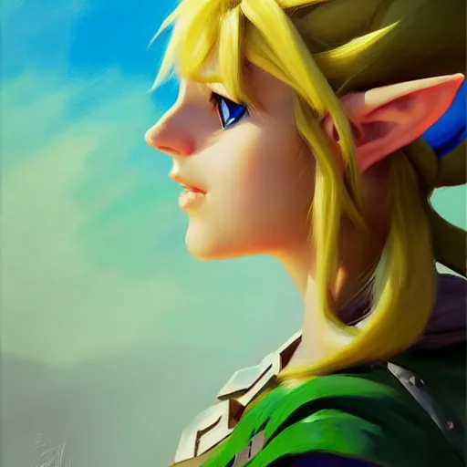 Image similar to portrait of a female Link from legend of Zelda, medium shot, asymmetrical, profile picture, Organic Painting, sunny day, Matte Painting, bold shapes, hard edges, street art, trending on artstation, by Greg Manchess and Huang Guangjian and Gil Elvgren and Sachin Teng