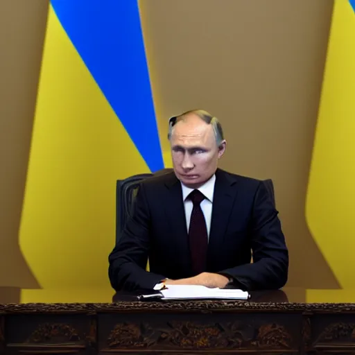 Prompt: valdimir putin sitting in a desk, a Ukrainian flag is behind him, 8k