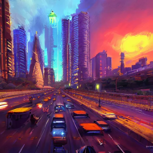 Prompt: mumbai in the future, city streets, golden hour, distopian fantasy, trending on pixiv