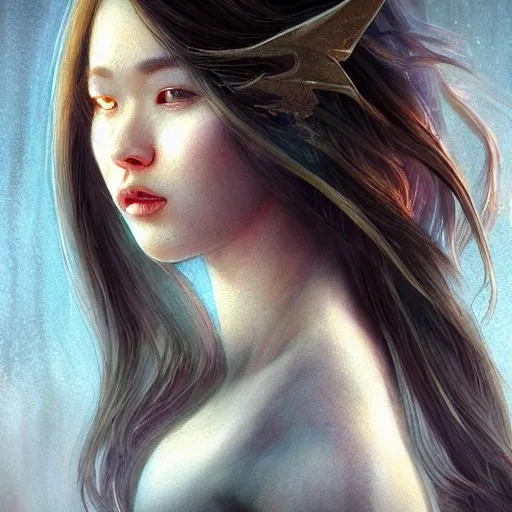 Prompt: lightning angel character portrait, Asian face, cinematic lighting, glowing golden eyes, hyper-detailed, cgsociety, 8k, high resolution, in the style of Charlie Bowater, Tom Bagshaw, Artgerm, single face, symmetrical, headshot photograph, insanely detailed and intricate, beautiful, elegant, watercolor, cinematic, portrait, Raphaelite, headroom, artstation