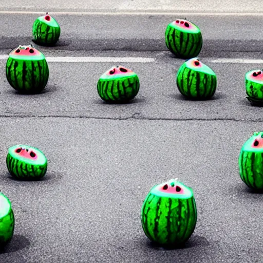 Prompt: watermelon creature made of water melons running away from the police, watermelon, watermelon, police body cam footage, blurry footage