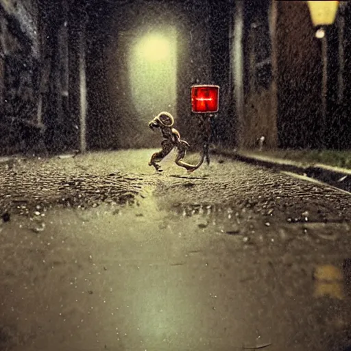 Prompt: several small humanoid creatures running into a storm drain, wet streets, twilight, streetlights, kodachrome,