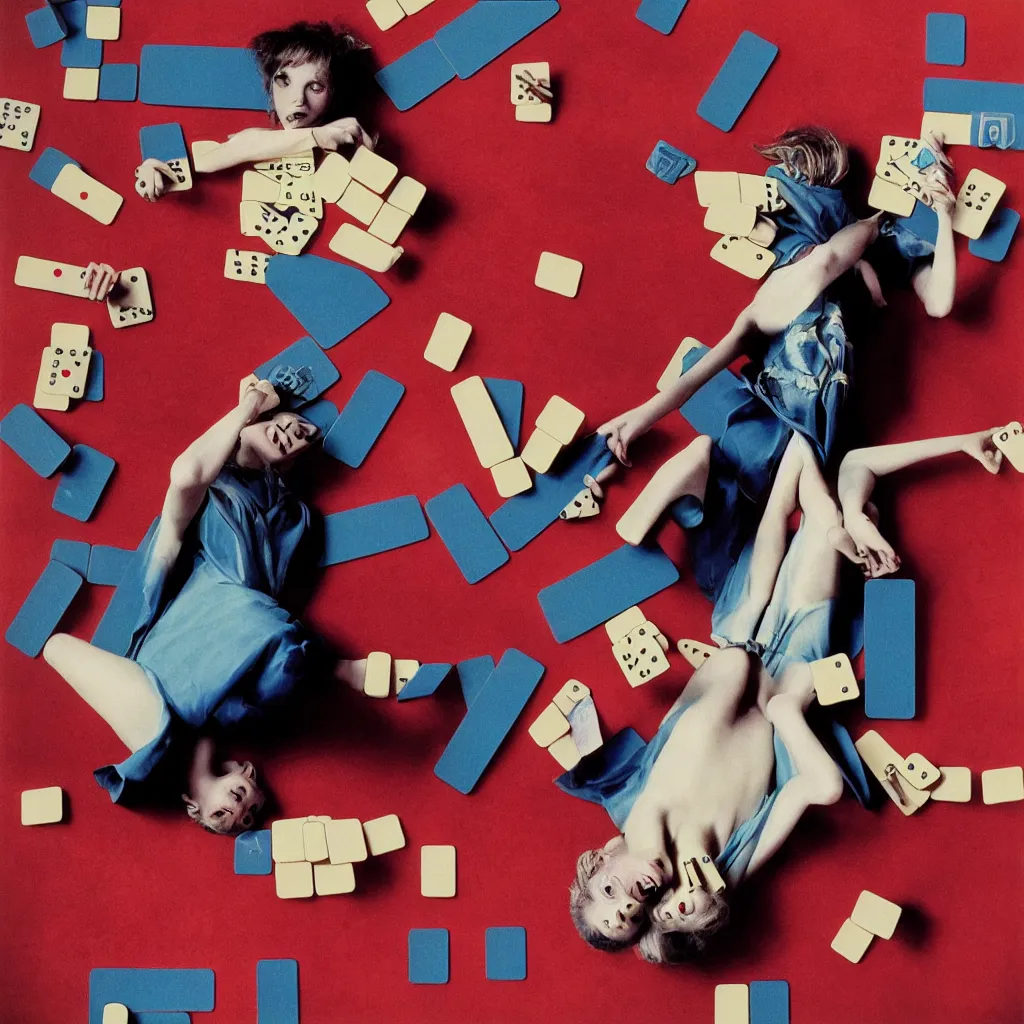 Image similar to award winning photo of ILLY CORGAN PLAying DOMINOES, vivid colors, happy, symmetrical face, beautiful eyes, studio lighting, wide shot art by Sally Mann & Arnold Newman