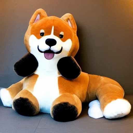 Image similar to a giant plushy shiba inu with a mustache, photo realistic, highly detailed,