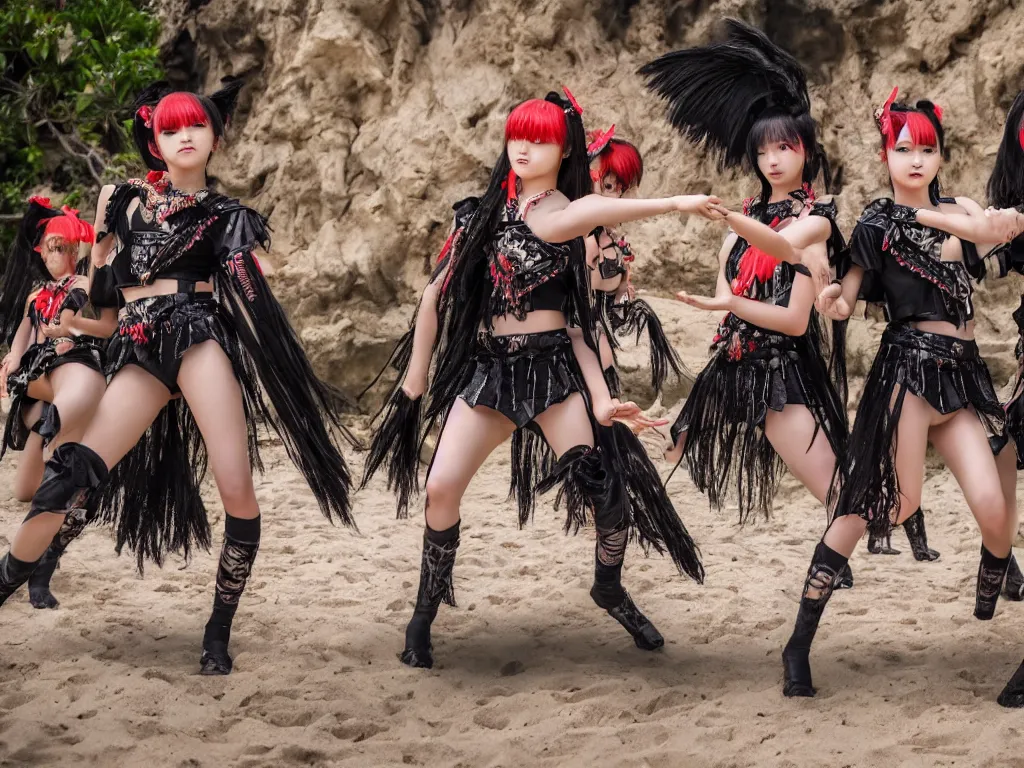 Prompt: babymetal 3 members performing on a tropical beach beautiful, scenery, high detail face, High Definition detail, 8K, photography