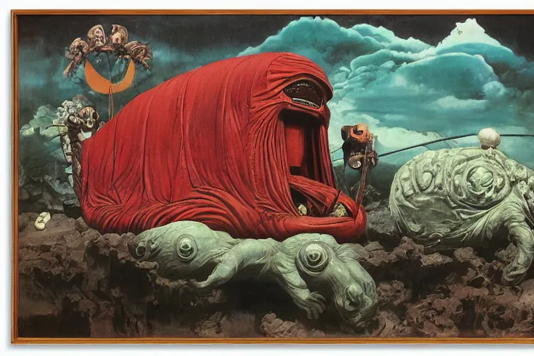 Image similar to a palanquin on top of a giant tardigrade retro japanese monster slimy leather, extra wide, oil painting, 7 0 s vintage art, by georgia o keeffe, by gustave dore, by frank frazetta, nausicaa