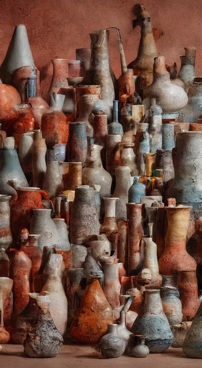 Prompt: an alchemical laboratory of vapour voices made from ceramic vessels, air flow, clay, no humans, vapour, larynx, oesophagus, clay pipes, 8 k, unreal, high resolution, vivid rusty colours,