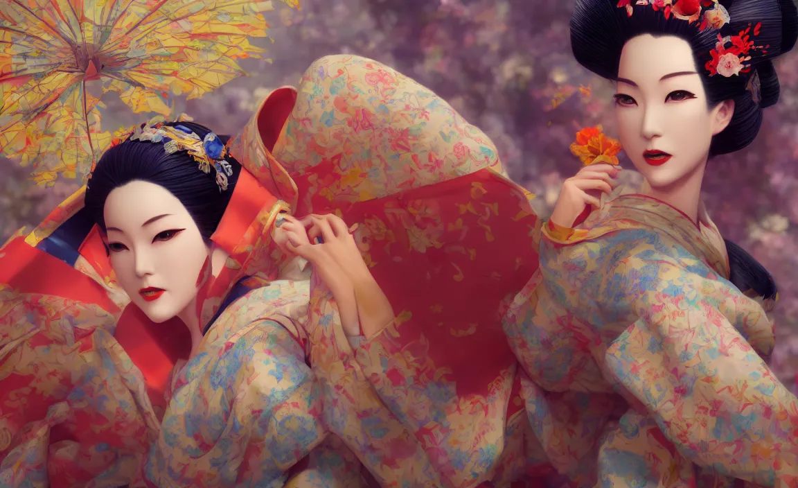 Prompt: 3D artwork of Geisha made by Roger Magrini, ArtStation, vibrant colors, dynamic dramatic shot, cinematic angle from the ground, 8k quality.