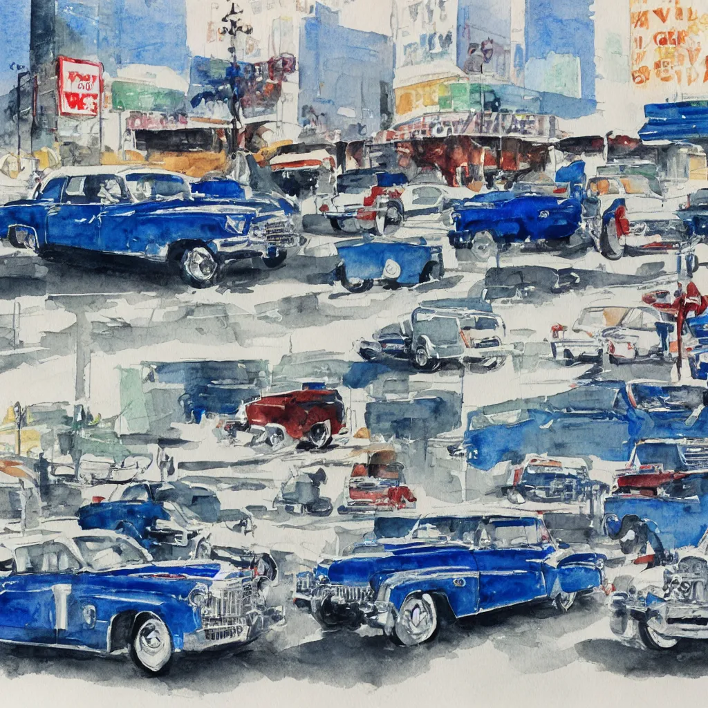 Prompt: 2 cadillacs, 1 blue and 1 white, parked in front of a 7 - 1 1 in downtown los angeles, vintage watercolor painting