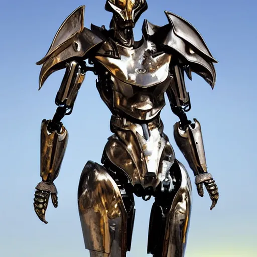 Image similar to chest up bust shot, realistic detailed stunning beautiful armored anthropomorphic humanoid robot female dragon, looking to the side with an elegant pose of hand on hip, smooth and streamlined armor and design made of steel, sharp claws and sharp teeth, high quality head, Slick LEDs, standing on two legs, on the beach during sunset, high quality, cinematic art, sci fi, sunset lighting, 3D render, 8k, artstation, deviantart, furaffinity