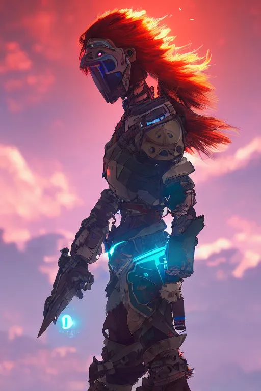 Image similar to combination suit armor aloy horizon forbidden west horizon zero dawn radiating a glowing aura global illumination ray tracing hdr fanart arstation by ian pesty and alena aenami artworks in 4 k tribal robot ninja mask helmet backpack