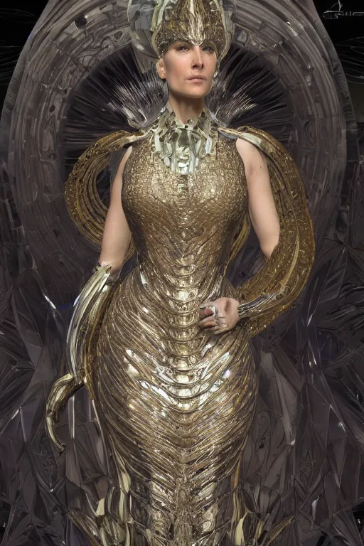 Image similar to a highly detailed medium shot 8 k render of an alien goddess jennifer connelly in iris van herpen dress schiaparelli armor in diamonds and lots of jewelry in style of alphonse mucha trending on artstation made in unreal engine 4