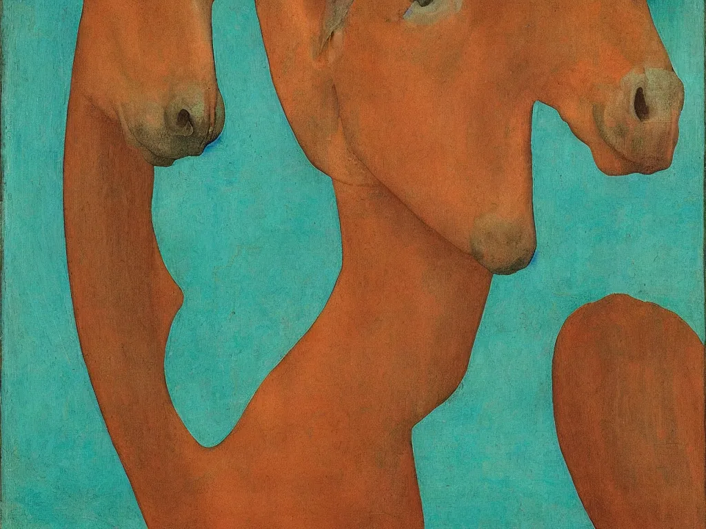 Image similar to portrait of a woman head, negative horse head with close up exotic betta fish. turquoise, malachite, cinnabar, earth brown painting by piero della francesca, balthus, agnes pelton