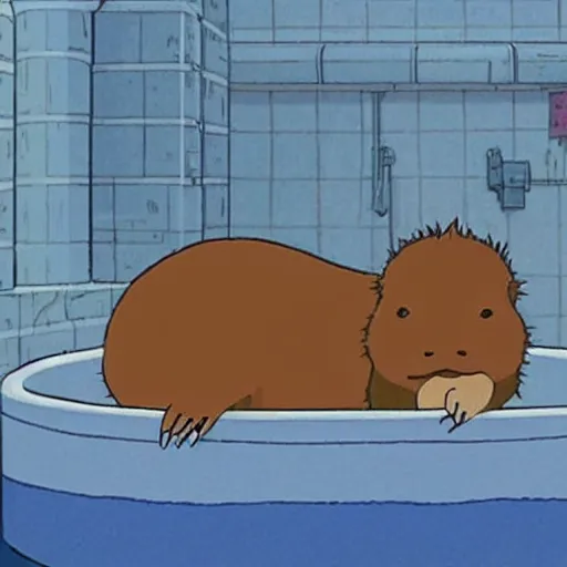 Image similar to the scene of a capybara chilling in a bathtub in the movie spirited away by studio ghibli