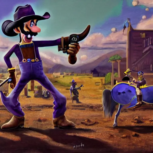 Image similar to waluigi from the mario series dressed as a cowboy holding a big iron revolver fighting outlaws in a town, cinematic still frame oil painting, high detailed painting, greatly illustrated, photo - realistic painting )