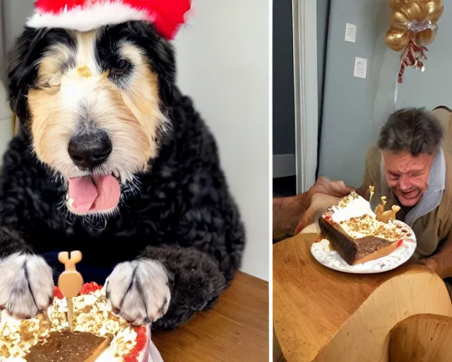 Image similar to 30-year-old dog eating cheesecake for his birthday, old, wrinkly, happy, festive, wholesome