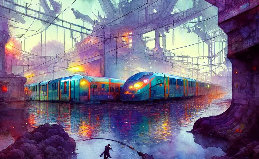 Image similar to an urban train rides inside of a waterway on a fantasy city. intricate, amazing composition, colorful watercolor, by ruan jia, by maxfield parrish, by marc simonetti, by hikari shimoda, by robert hubert, by zhang kechun, illustration, gloomy