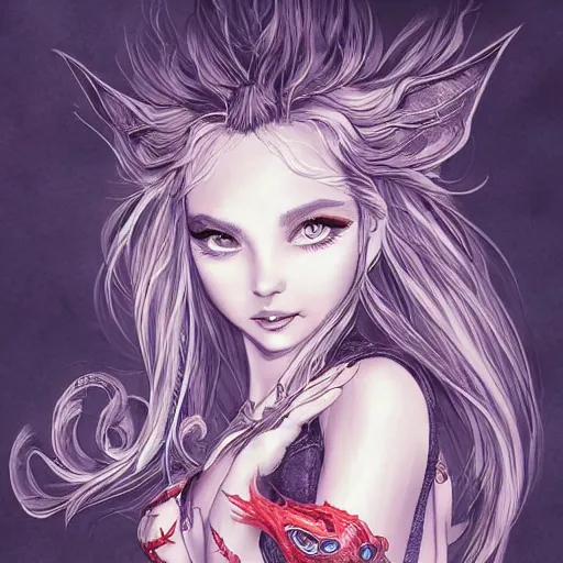 Image similar to punishment dragon, heroine, beautiful, playful smile, detailed portrait, intricate complexity, in the style of Artgerm, Kazuki Tanahashi, and Ross Tran, cel-shaded