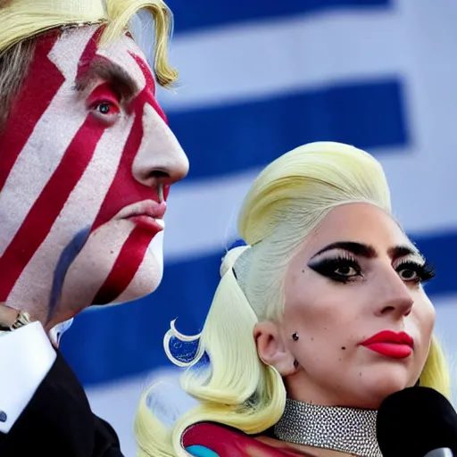 Image similar to Lady Gaga as president, Argentina presidential rally, Argentine flags behind, bokeh, giving a speech, detailed face, Argentina