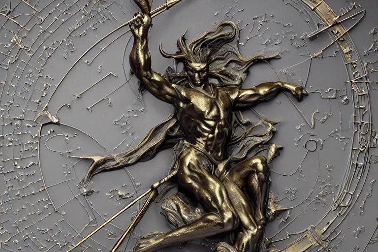 Image similar to sagittarius astrological sign sculpture in bronze by stanisław szukalski and wadim kashin, highly detailed, 3 d, star chart overlay