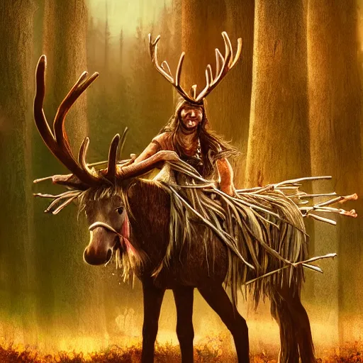 Image similar to hippie tribal hobo wearing twigs and leaves smiling sheepishly, riding tiny scuffy donkey with novelty oversized antlers, autumn forest, highly detailed, dramatic lighting, night time, cinematic, hyperrealistic, detailed, movie still from game of thrones