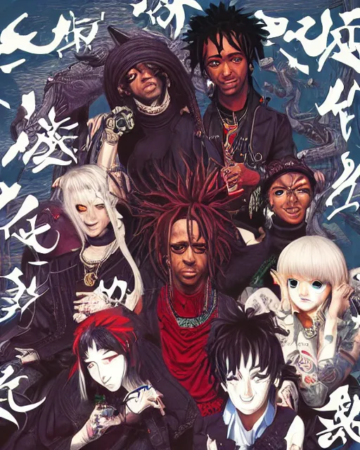 Prompt: Album art Young Thug, Playboi Carti and Lil Uzi Vert, Ninja Scrolls, Gang, Draco, Blood, red smoke, by Range Murata, Trending on artstation