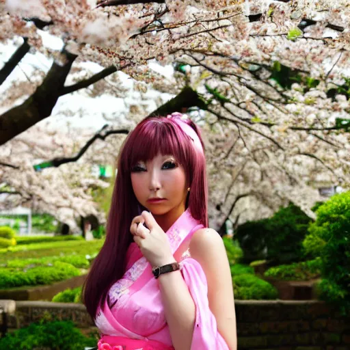 Image similar to Pretty japanese gyaru with Sakura tree blooming on background