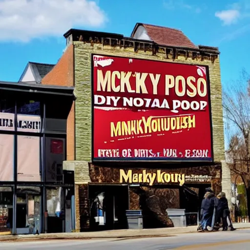 Prompt: a sign board advertising monkeypox the musical in central new york